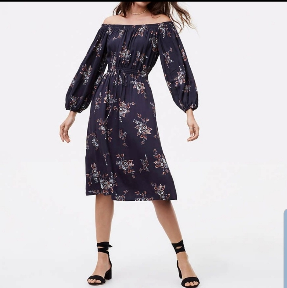 Loft gray floral off the shoulder midi dress